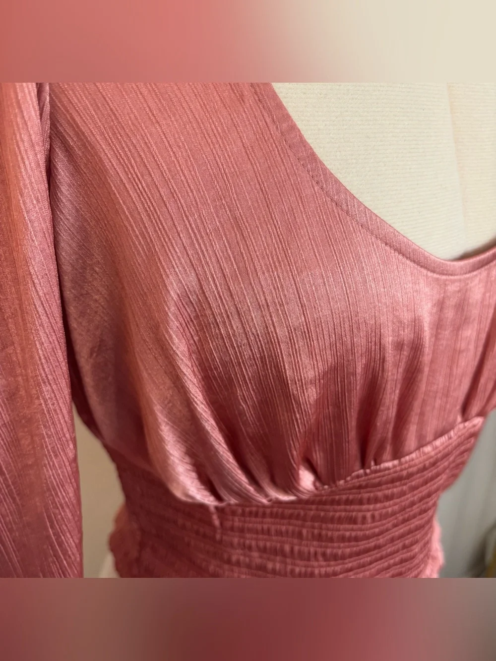 Free People Santiago Cropped Smocked Blouse in Pink Cinnamon, Long Sleeve, S